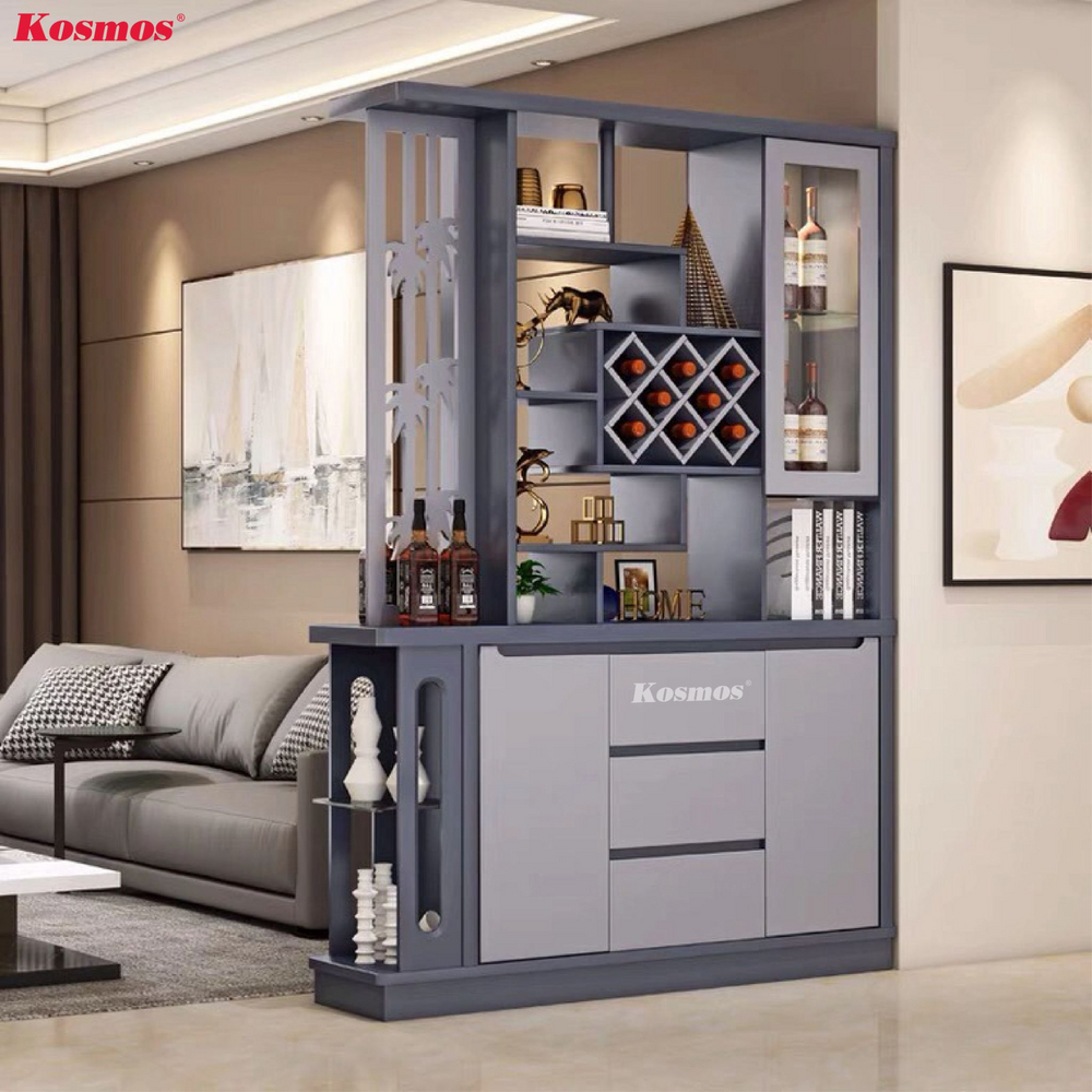 Ứng dụng tủ rượu đơn giản dạng kệ mở ngăn phòng khách hiện đại